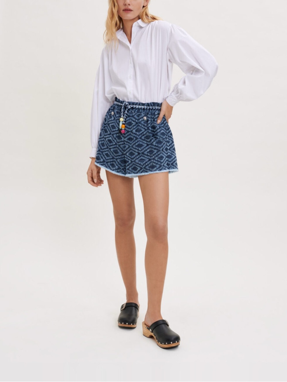Maje Blue Jacquard High Waist Beaded Drawstring Shorts US 6